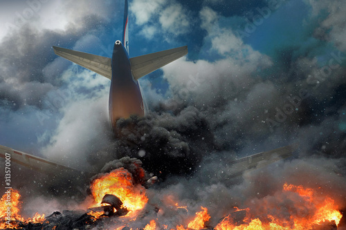 Plane crash, plane on fire and smoke. Fear of Air Travel Concept photo