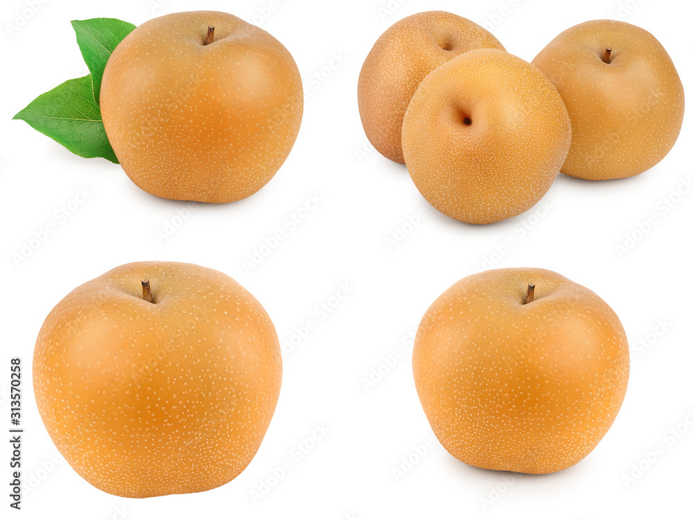 Set or collection fresh asian pear with leaf isolated on white background Set or collection fresh asian pear with leaf isolated on white background