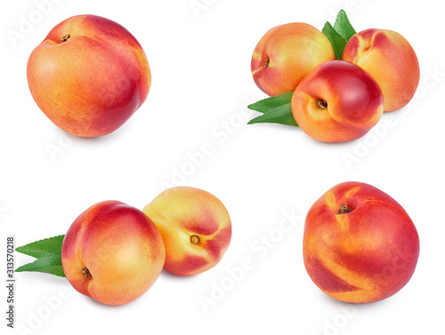Nectarine fruit with leaf isolated on white background. Set or collection