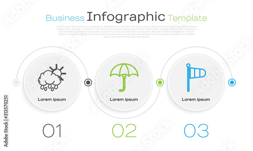 Set line Cloud with rain and sun, Classic elegant opened umbrella and Cone meteorology windsock wind vane. Business infographic template. Vector