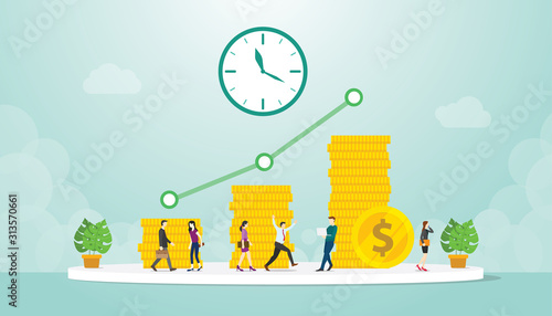 investment business long time with income business profit and stack gold coin with modern flat style - vector