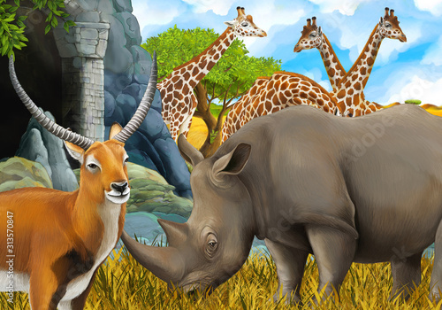 Fototapeta Naklejka Na Ścianę i Meble -  cartoon safari scene with rhino and giraffe on the meadow near some mountain illustration for children