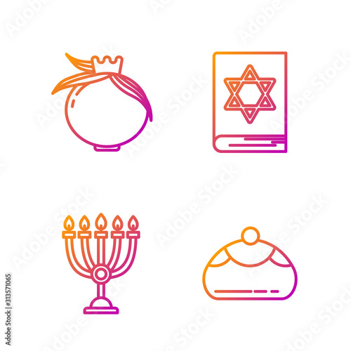 Set line Jewish sweet bakery, Hanukkah menorah, Pomegranate and Jewish torah book. Gradient color icons. Vector