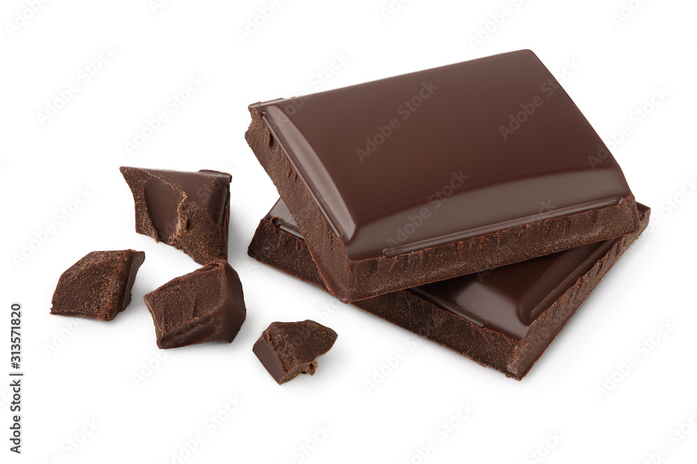 Small dark chocolate pieces isolated on white background with clipping path - obrazy, fototapety, plakaty 