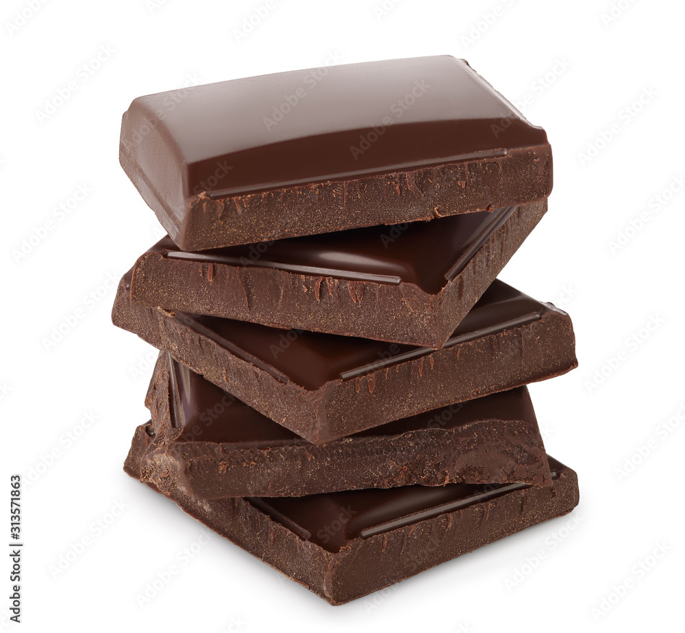 Small dark chocolate pieces isolated on white background with clipping path Small dark chocolate pieces isolated on white background with clipping path