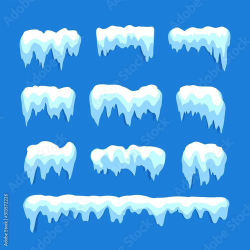 Melt snow, blue frozen water, icicles collection. Winter decoration, new year decor. Isolated objects set, vector illustration.