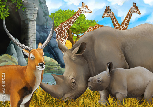 cartoon safari scene with rhinoceros rhino and giraffes on the meadow near some mountain illustration for children