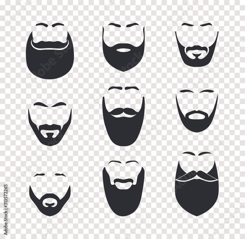 Various mustache and beard haircuts, male face hair, face masks set. Barbershop vector isolated objects on transparent background.