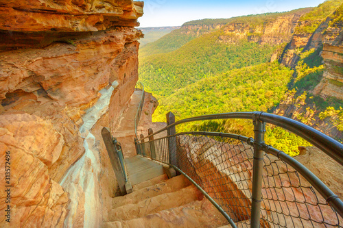 The Giant Stairway, a spectacular trail to Jamison Valley descending more than 800 steps in Blue Mountains National Park, New South Wales, Australia. photo