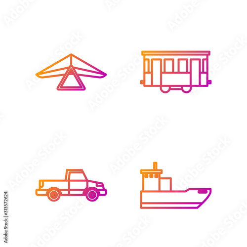 Set line Cargo ship, Pickup truck, Hang glider and Old city tram. Gradient color icons. Vector