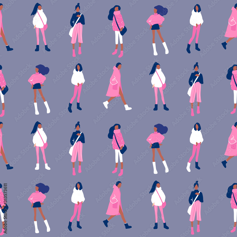 Vector seamless pattern with young women in modern style. Young People background. Vector seamless pattern with young women in modern style. Young People background.