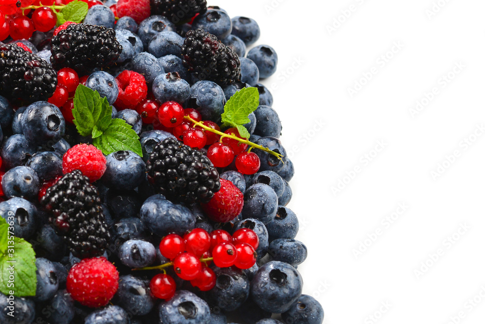 Blackberry, raspberry, blueberry, red currant and mint background. Blackberry, raspberry, blueberry, red currant and mint background.