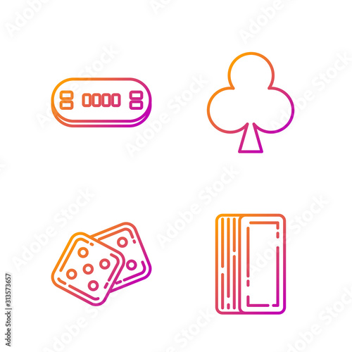 Set line Deck of playing cards, Game dice, Poker table and Playing card with clubs symbol. Gradient color icons. Vector