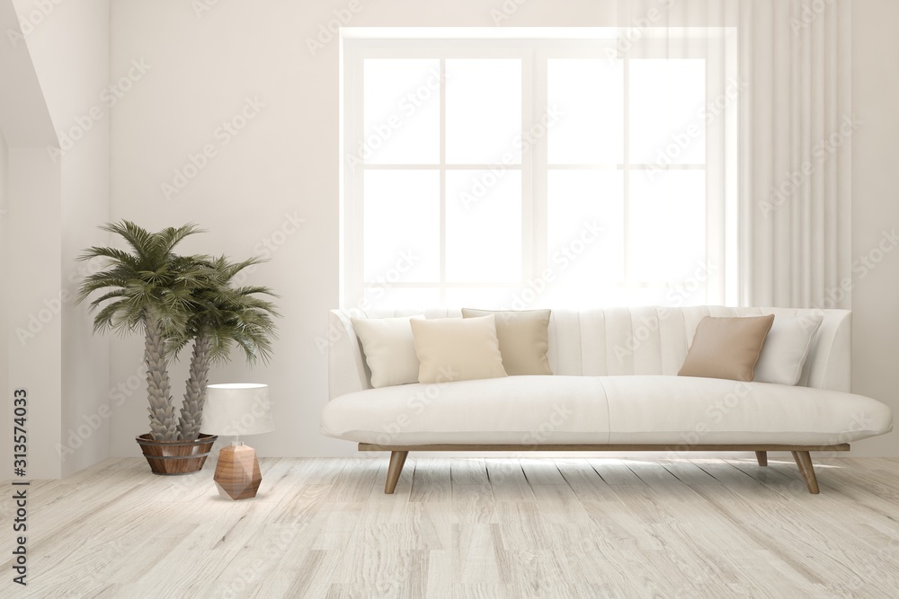 Stylish room in white color with sofa. Scandinavian interior design. 3D illustration Stylish room in white color with sofa. Scandinavian interior design. 3D illustration