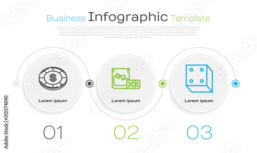 Set line Casino chip with dollar symbol, Game dice and glass of whiskey with ice cubes and Game dice. Business infographic template. Vector