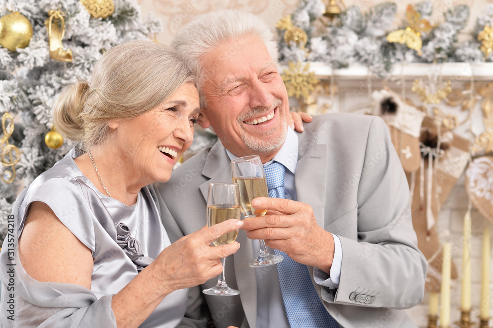 Close up portrait of old couple with Christmas present Close up portrait of old couple with Christmas present