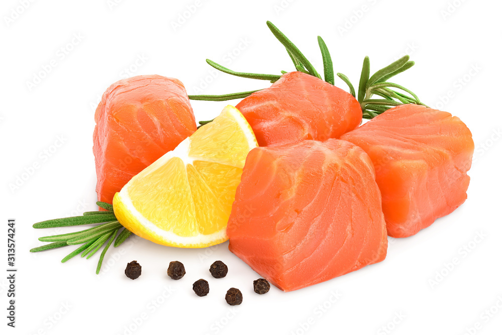 raw salmon piece cube with rosemary, lemon and peppercorn isolated on white background close up raw salmon piece cube with rosemary, lemon and peppercorn isolated on white background close up