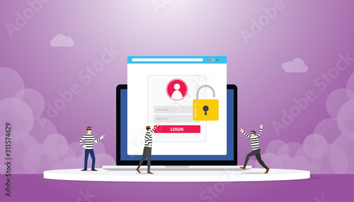stealing information data login password phishing with thief team with modern flat style - vector