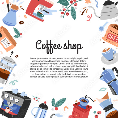 Coffee shop banner template, decorative frame with copy space made of colorful hand drawn vector illustrations of tools and utensils for brewing coffee. Border arrangement, template for cafe menu page