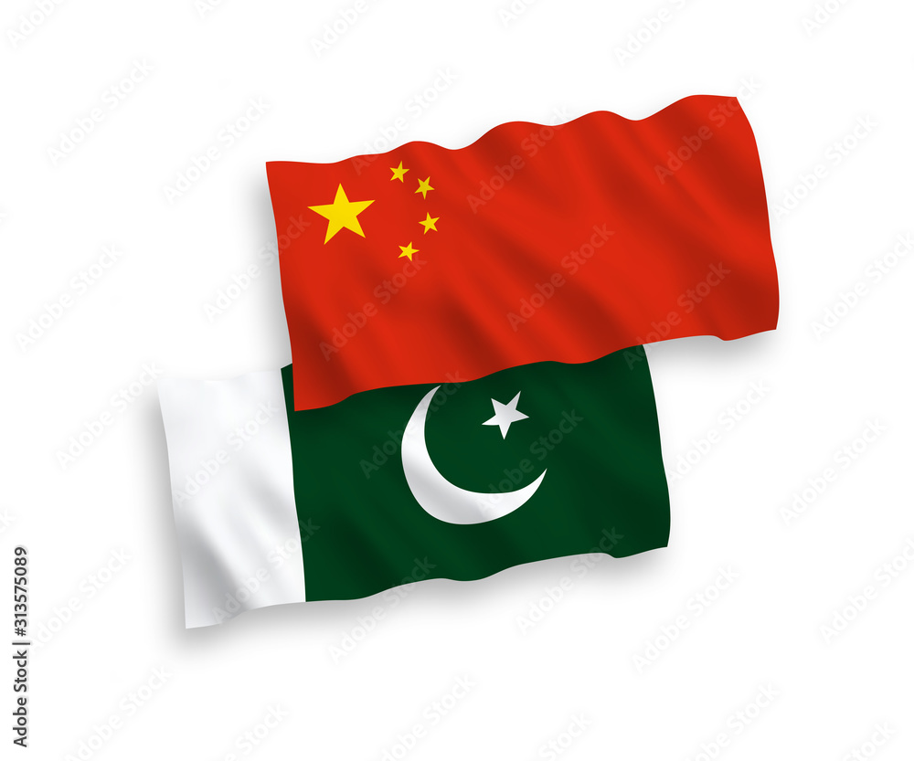 National vector fabric wave flags of Pakistan and China isolated on white background 1 to 2 proportion. National vector fabric wave flags of Pakistan and China isolated on white background 1 to 2 proportion.