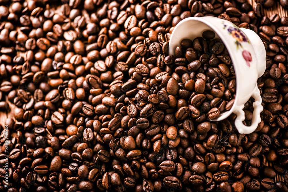 Fototapeta premium Fresh coffee beans with white cup on wooden background.