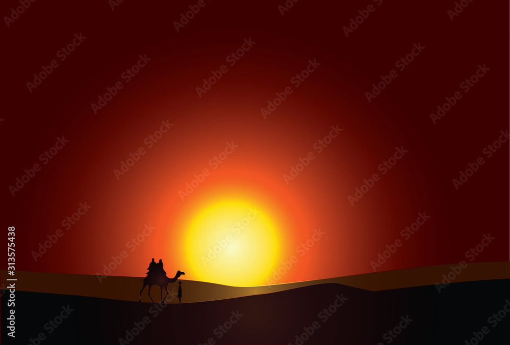 illustration. A lone traveler in the desert.with camel and evening sunlight