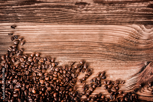 Coffee roasted beans background. Copy space for text.