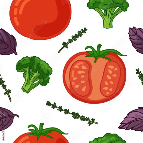 Seamless design food pattern. Wallpaper with vegetable organic food. Backdrop with tomato, broccoli, basil leaf and thyme. Vegetarian background with nature fresh nutrition. Vector