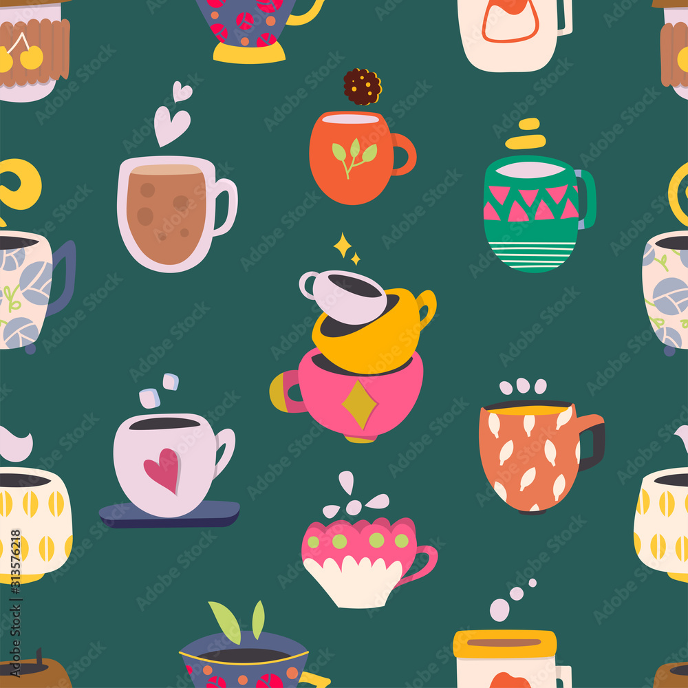 Set of various kettles. Hand drawn colored trendy vector seamless pattern on the green background. Eps 10. Set of various kettles. Hand drawn colored trendy vector seamless pattern on the green background. Eps 10.