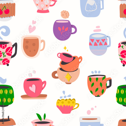 Set of various cups with tea or coffee. Hand drawn colored trendy vector seamless pattern.