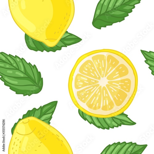 Seamless design of lemon pattern. Wallpaper with organic fruit and mint leaf. Wallpaper for vegetarian lemonad recipe. Healthy food cover. Vector