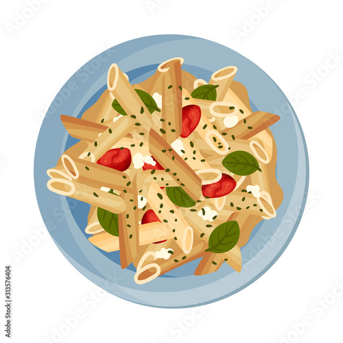 Vegetarian Pasta with Tomatoes and Green Herbs Served on Plate Vector Closeup Illustration