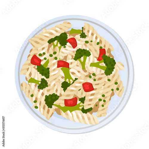 Vegetarian Pasta with Pepper and Broccoli Served on Plate Vector Closeup Illustration
