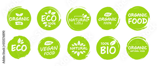 Set of Vegan, eco, bio, organic, fresh, healthy, 100 percent, nateral food. Natural product. Collection of emblem cafe, badges, tags, packaging. Vector illustration.