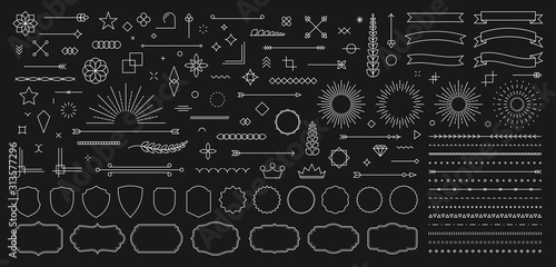 Set of 140 Vintage line elements. Retro design elements. Ornaments and Frames. Drawing geometrics line. Decoration, banners, posters, emblems, labels. Vector illustration.