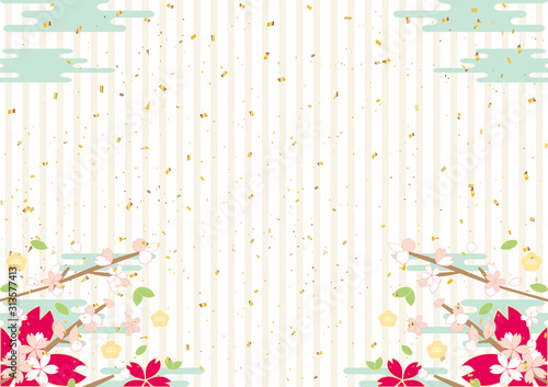 春　桜　金紙吹雪　ストライプ背景