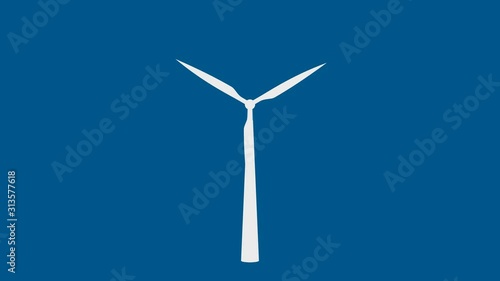 White wind turbine rotate loop on blue background.