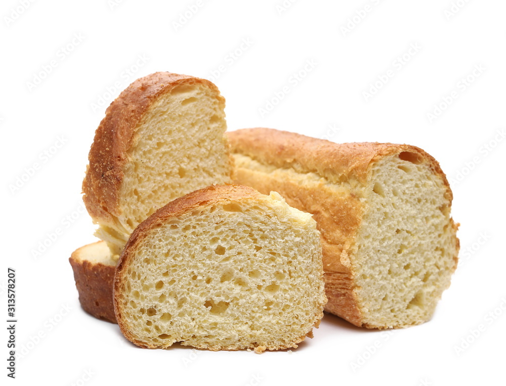 Corn and wheat flour bread loaf with slices isolated on white background Corn and wheat flour bread loaf with slices isolated on white background