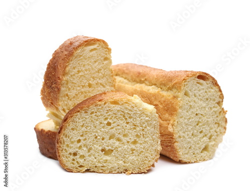 Corn and wheat flour bread loaf with slices isolated on white background