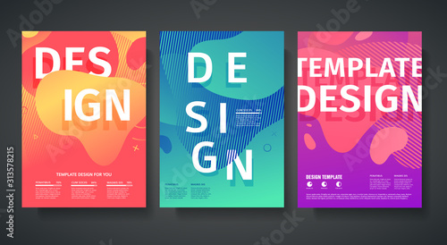 Set of template design of modern cover with a backdrop of an abstract gradient color geometric elements. Layout for flyer, party poster or brochure. Abstract background flowing liquid shapes. Vector.