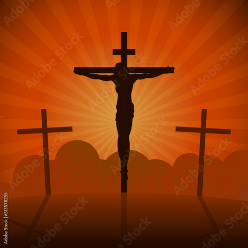 Crucifixion of Jesus Christ on the cross at sunset. Sun Rays.Vector Illustration