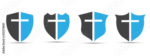 Christian cross and shield of faith. Christian church vector logo. Missionary icon. Religious symbol. Protection, safety, security sign.