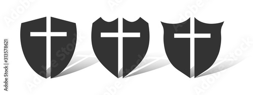 Christian cross and shield of faith. Christian church vector logo. Missionary icon. Religious symbol. Protection, safety, security sign.