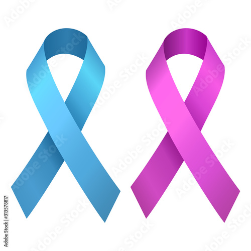 Pink and blue ribbons, breast cancer, prostate cancer, vector illustration on a white background.