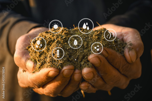 Manure or dung in the hands of a farmer man and technology icons about decomposition to soil. photo