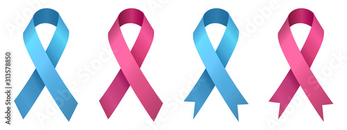 set pink and blue ribbons, breast cancer, prostate cancer, vector illustration on a white background.