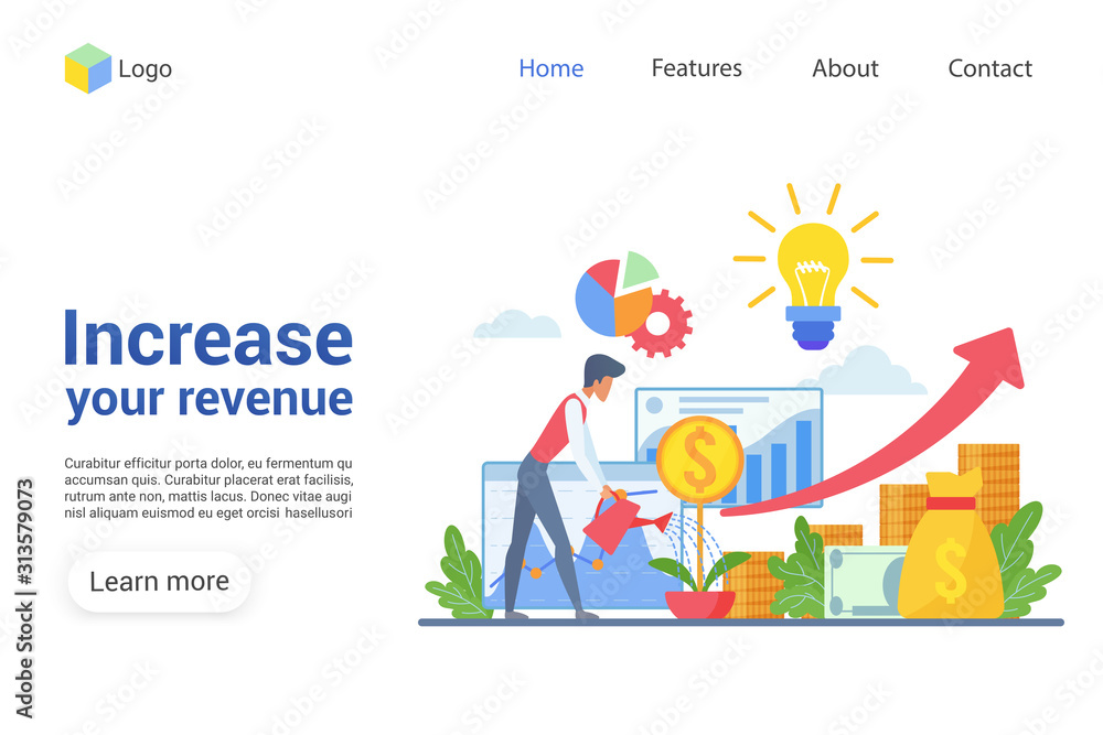 Increase your revenue landing page vector template. Revenue growth website interface idea with flat illustrations. Financial service homepage layout. Trading web banner, webpage cartoon concept Increase your revenue landing page vector template. Revenue growth website interface idea with flat illustrations. Financial service homepage layout. Trading web banner, webpage cartoon concept
