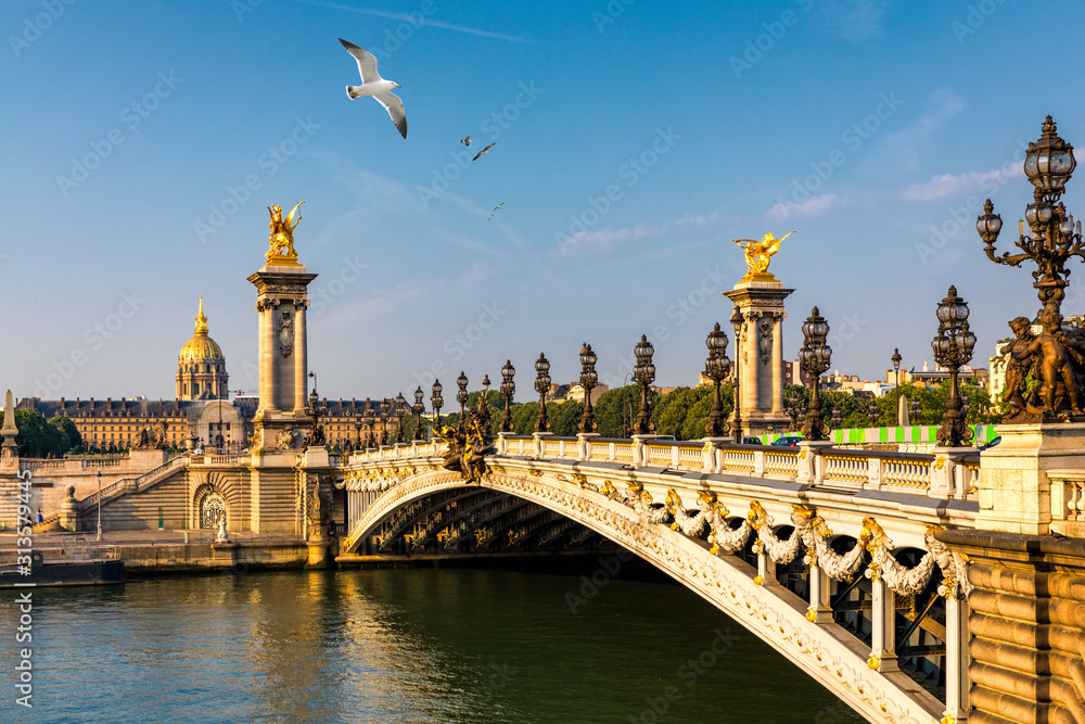 Pont Alexandre III bridge over river Seine in the sunny summer morning. Bridge decorated with ornate Art Nouveau lamps and sculptures. The Alexander III Bridge across Seine river in Paris, France.