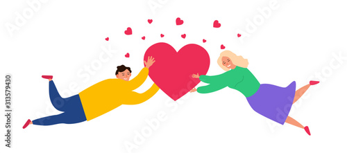 happy valentines day flying  couple man and woman with red hearts vector illustration