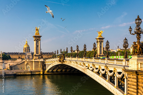 Pont Alexandre III bridge over river Seine in the sunny summer morning. Bridge decorated with ornate Art Nouveau lamps and sculptures. The Alexander III Bridge across Seine river in Paris, France.